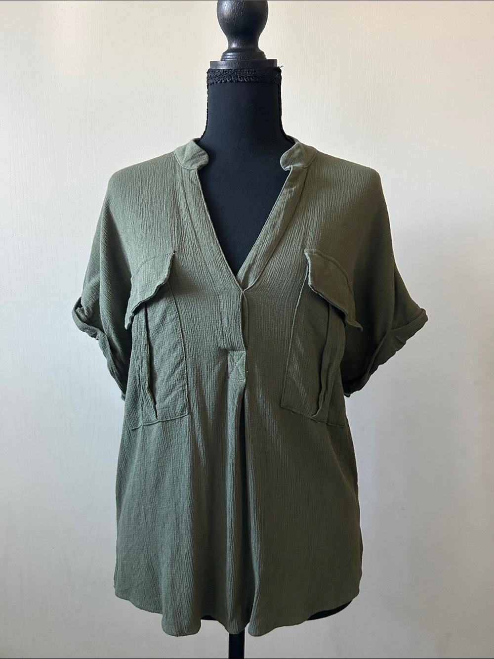 Maeve by Anthropologie Olive Green V-Neck Utility Blouse Workwear